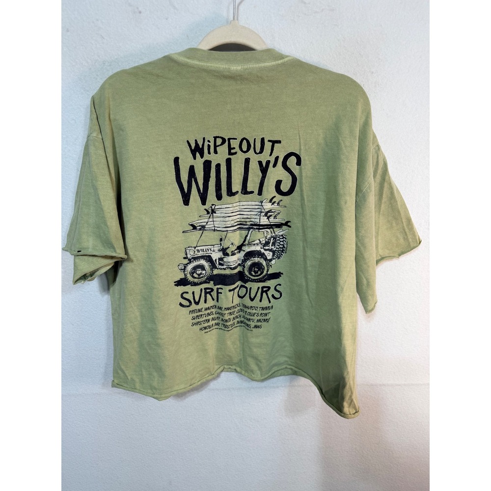 Crazy Shirts T-Shirt Wipeout Willy's Surf Tours Women's XL Green Raw Hem Cropped